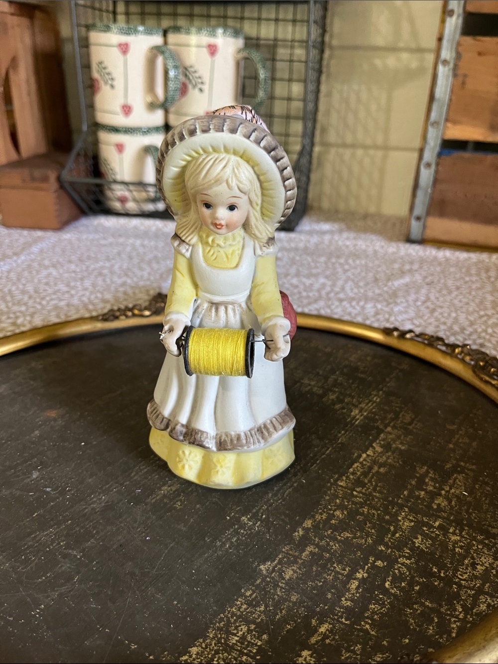 Vintage Yellow and White Porcelain Girl pin cushion